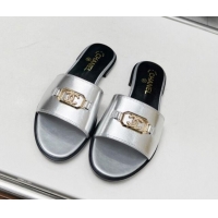 Sumptuous Chanel Calfskin Leather Slide Sandals with Framed CC 103003 Silver