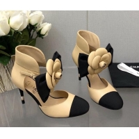 Classic Practical Chanel Lambskin Pumps with Camellia Bloom Beige 103013