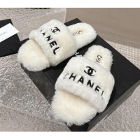 Best Grade Chanel Wool Flat Slide Sandals White 103020