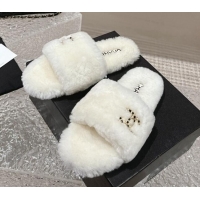 Good Looking Chanel Wool Flat Slide Sandals with Crystal CC White 103024