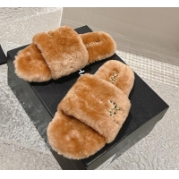 Best Price Chanel Wool Flat Slide Sandals with Crystal CC Brown 103025