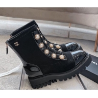 Unique Style Chanel Patent Leather & Suede Lace-up Ankle Boots with Pearls Black 103029