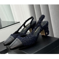 Low Cost Chanel Tweed & Leather Slingbacks Pumps with Sequins Dark Blue 6.5cm 103042