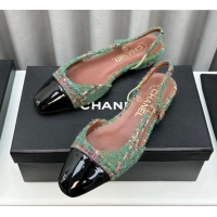 Charming Chanel Tweed & Leather Slingbacks Flat Green 103050