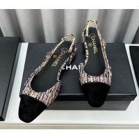 Stylish Chanel Tweed & Grosgrain Slingbacks Flat Black 103051