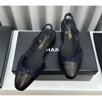 Stylish Chanel Tweed & Leather Slingbacks Flat Dark Blue/Black 103052