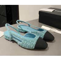 Best Product Chanel Tweed & Grosgrain Slingbacks Flat Light Blue/Black 103058