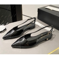 Top Grade Chanel Patent Calfskin Slingbacks Flat Black 103066