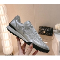 Low Price Chanel Calfskin & Suede Low Top Sneakers with Crystals G45220 Silver 107007