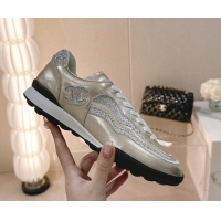 Super Quality Chanel Calfskin & Suede Low Top Sneakers with Crystals G45220 Gold 107008