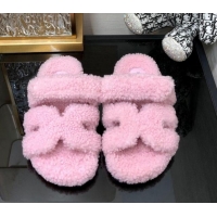 Good Quality Hermes Chypre Flat Slide Sandals in Teddy Fur Light Pink 831024