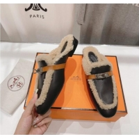 Duplicate Hermes Oz Flat Mules in Brown Suede and Shearling with Kelly Buckle 901121