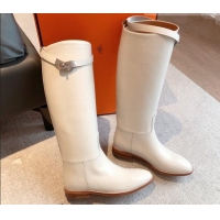 Generous Hermes Jumping Leather High Boots White 918010