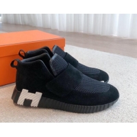 Top Design Hermes H Sneakers in Suede and Mesh Black 918016