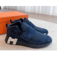 Luxurious Hermes H Sneakers in Suede and Mesh Dark Blue 918017