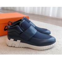 Grade Quality Hermes H Sneakers in Leather and Fabric Dark Blue 918019