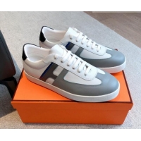 Top Grade Hermes Boomerang Sneakers in Grained Calfskin White/Grey 918027