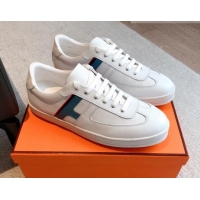 Good Quality Hermes Boomerang Sneakers in Grained Calfskin White/Blue 918028