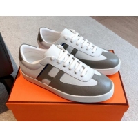 Luxurious Hermes Boomerang Sneakers in Grained Calfskin White/Grey 918029