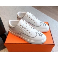 Pretty Style Hermes Calfskin Sneakers with Star Embroidery White 918033