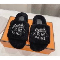 Best Product Hermes Logo Teddy Fur Flat Slide Sandals Black 926080