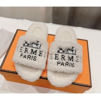 Feminine Hermes Logo Teddy Fur Flat Slide Sandals White 926081