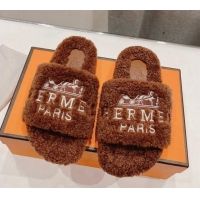 Low Price Hermes Logo Teddy Fur Flat Slide Sandals Brown 926082