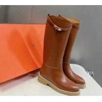 Classic Hot Hermes Honey High Boots in Calfskin and Rubber Sole Brown 013130