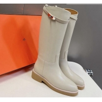 Grade Quality Hermes Honey High Boots in Calfskin and Rubber Sole White 013132