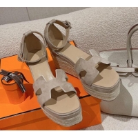 Best Grade Hermes Elda Suede Platform Wedge Sandals 8.5cm Grey 014023