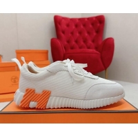 Sumptuous Hermes Bouncing Sneakers in Knit Fabric and Suede White/Orange 014030