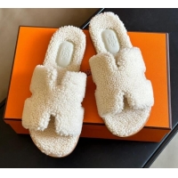 Good Quality Hermes Izmir Shearling Flat Slide Sandals White 027022