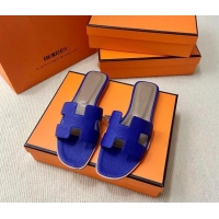 Reasonable Price Hermes Classic Oran Flat Slide Sandals in Togo Calfskin Blue 110402