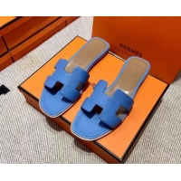 Affordable Price Hermes Classic Oran Flat Slide Sandals in Togo Calfskin Blue 3110403