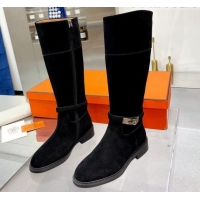 Good Product Hermes Kelly Buckle Suede High Boots Black 104055