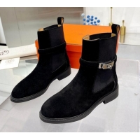 Popular Hermes Kelly Buckle Suede Ankle Boots Black 104058