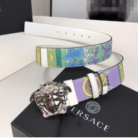 Discount Versace La Medusa Printed Leather Belt 4cm 08032 Blue/Purple/Silver