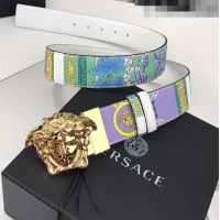 ​Most Popular Versace La Medusa Printed Leather Belt 4cm 08032 Blue/Purple/Gold