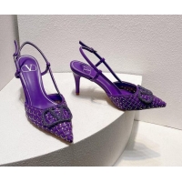 Top Design Valentino VLogo Slingback Pumps 7.5cm in Woven Calfskin with Crystals Purple 027027