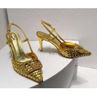 Shop Duplicate Valentino VLogo Slingback Pumps 7.5cm in Woven Calfskin with Crystals Gold 027029