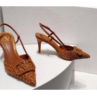 Low Cost Valentino VLogo Slingback Pumps 7.5cm in Woven Calfskin with Crystals Brown 027031