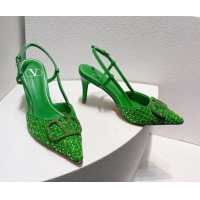 Best Product Valentino VLogo Slingback Pumps 7.5cm in Woven Calfskin with Crystals Green 027032