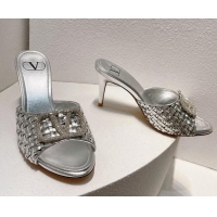 Feminine Valentino VLogo Heel Slide Sandals 7.5cm in Woven Calfskin with Crystals Silver 027037