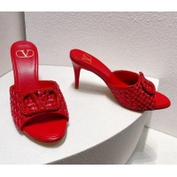 Luxurious Valentino VLogo Heel Slide Sandals 7.5cm in Woven Calfskin with Crystals Red 027038