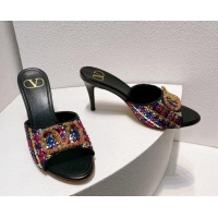 Best Grade Valentino VLogo Heel Slide Sandals 7.5cm in Woven Calfskin with Crystals Multicolor 027039