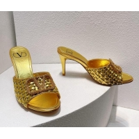 Top Quality Valentino VLogo Heel Slide Sandals 7.5cm in Woven Calfskin with Crystals Gold 027040