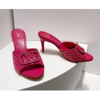 Super Quality Valentino VLogo Heel Slide Sandals 7.5cm in Woven Calfskin with Crystals Dark Pink 027042