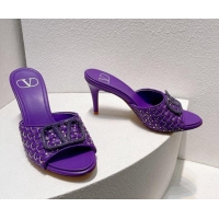 Top Quality Valentino VLogo Heel Slide Sandals 7.5cm in Woven Calfskin with Crystals Purple 027043