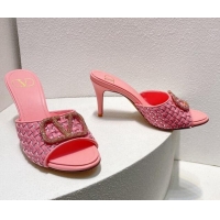 Duplicate Valentino VLogo Heel Slide Sandals 7.5cm in Woven Calfskin with Crystals Light Pink 027045