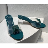 Hot Style Valentino One Stud PVC Heel Slide Sandals with Crystals and Clear Heel 4.5cm Peacock Green 027049